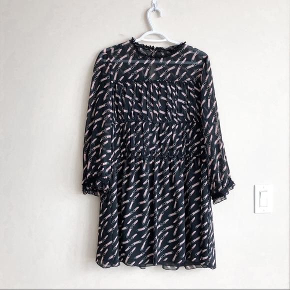 Zara Black Long Sleeve Printed Ruffle Dress - Picture 2 of 7